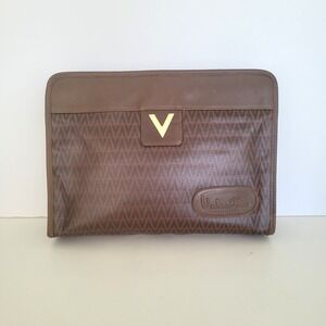 Mario Valentino Vintage Brown Monogram Coated Canvas Leather Trim Clutch Bag